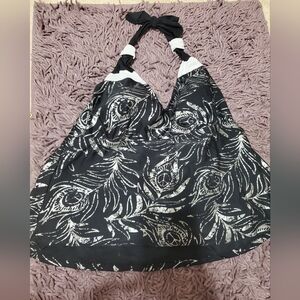 Black and White Halter Swim Suit Top with Feather Print